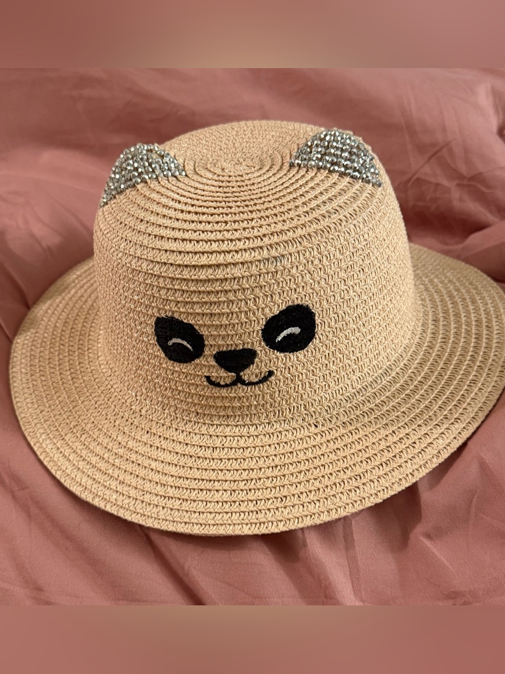 Embroidered Cat Straw Sun Hat with Rhinestone Ears - Beige